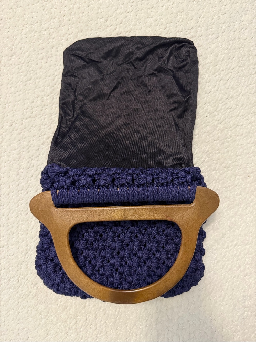 Vintage Handmade Macrame Handbag Brown Wood Handles Blue Purse - Picture 9 of 10